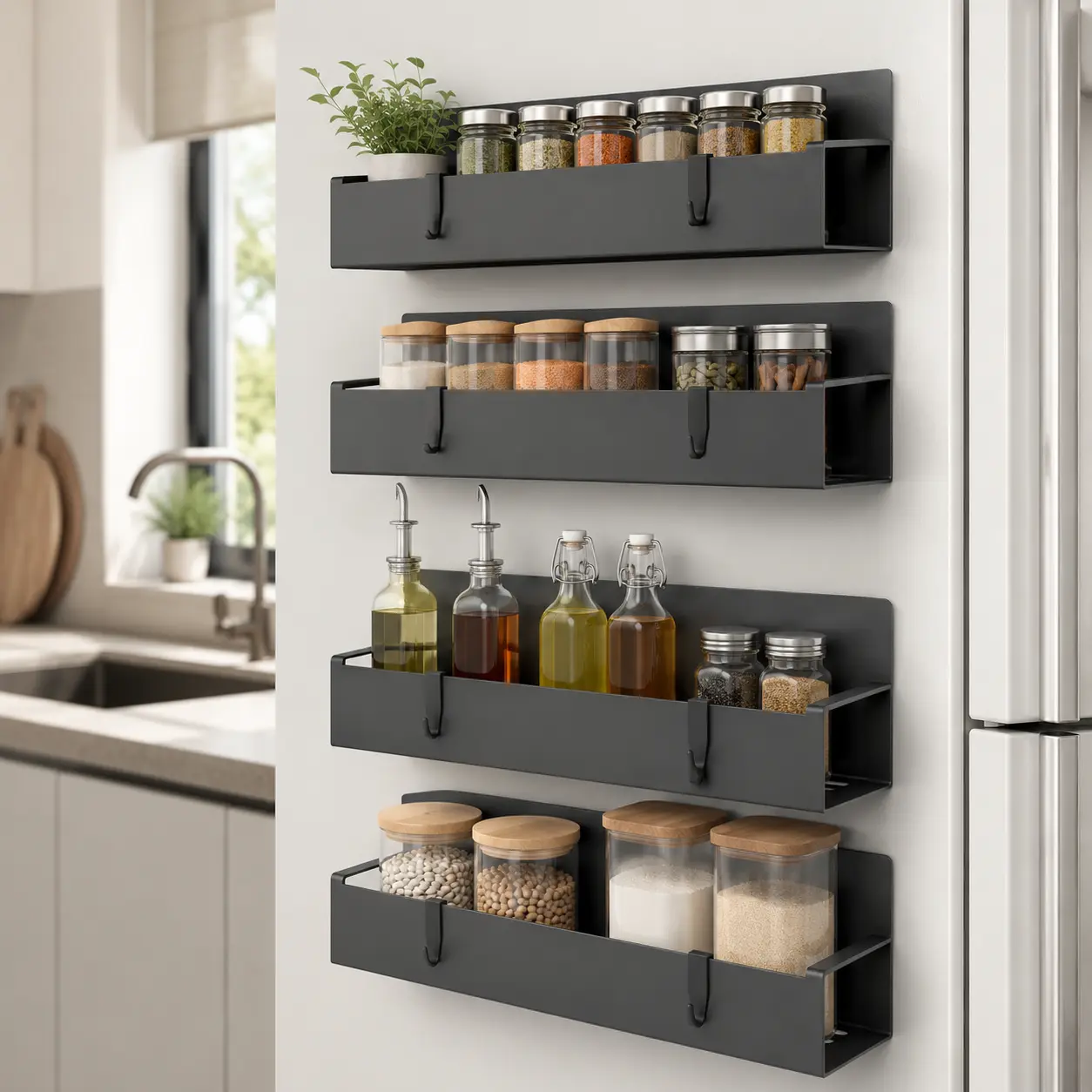 4-Pack Durable Black Metal Magnetic Spice Racks, Compact Strong-Magnet Fridge Side Organizer Shelves for Jars, Oils, Seasonings, No Assembly Needed, Ideal for Kitchen Storage, Four, 4 Pcs