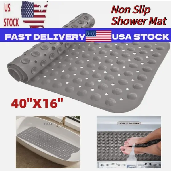 Non-Slip Antibacterial Anti-Skid Rectangle Bath Mat, 40" x 16" Extra Long for Tub/Shower, Machine Washable Bathroom Home Supply
