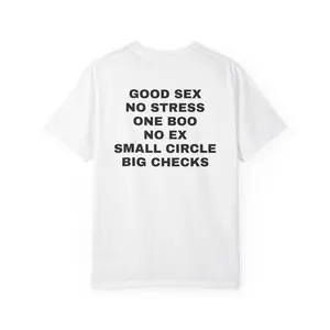 Good Sex No Stress One Boo No Ex Small Circle Big Checks T-Shirt | Funny Graphic Shirt | Club Shirt | Trendy Shirt | Festival Shirt | Party Shirt | Bar Shirt | Music Festival Tee | Streetwear Top | Casual Shirt | Statement Quote Shirt | Rave Clothing