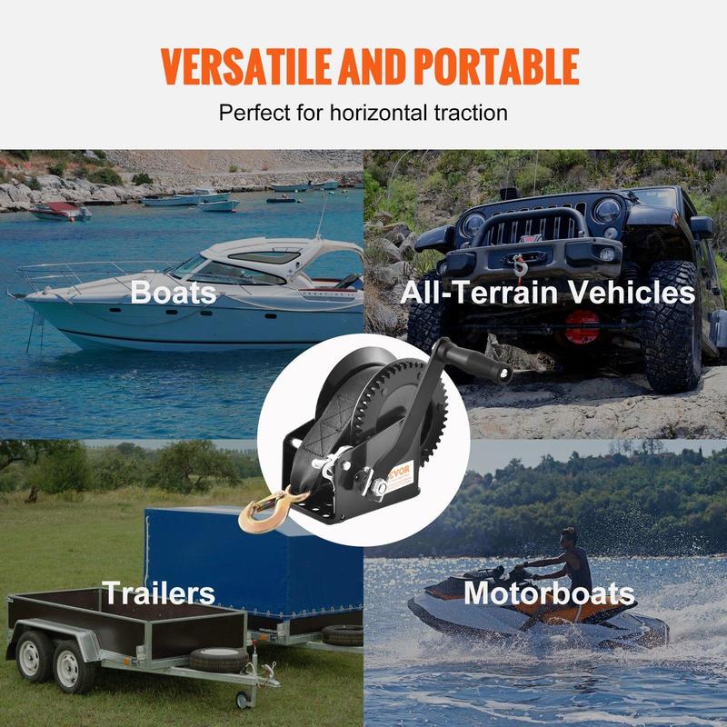 VEVOR Hand Winch, TikTokShopBlackFriday, 1600 lbs Pulling Capacity, Boat Trailer Winch Heavy Duty Rope Crank with 33 ft Polyester Strap and Two-Way Ratchet, Manual Operated Hand Crank Winch for Trailer, Boat or ATV Towing
