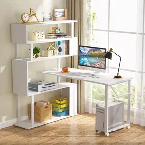 TRIBEWOOD Rotating Computer Desk with 5 Shelves Bookshelf, Modern L-Shaped Corner Desk with Storage, Reversible Office Desk Study Table Writing Desk on Wheels for Home Office