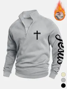 Men's Half-Zip Stand Collar Long Sleeve Pullover Top, Casual Simple Design with Street and Religious Culture Elements, Multiple Colors Available, Warm Fashion, Sweatshirts