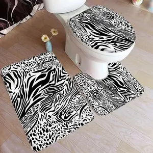 Black and White Leopard Print Bath Mat Set Zebra Animal Fur Texture Fashion Home Bathroom Decor Floor Rug U-Mat Toilet Lid Cover