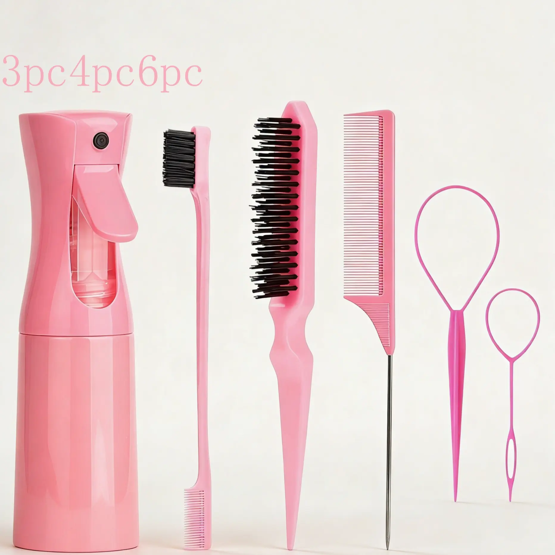 Pink Hair Styling Tools Set, Detangling Hairbrush, Detangle Brush, Edge Control Brush, Styling Twist Brush, Pointed Tail Teasing Comb, Hair Loop Braiding Tool, Continuous Spray Bottle, Straight Curly Hair Styling Kit, Salon Home Dorm Use