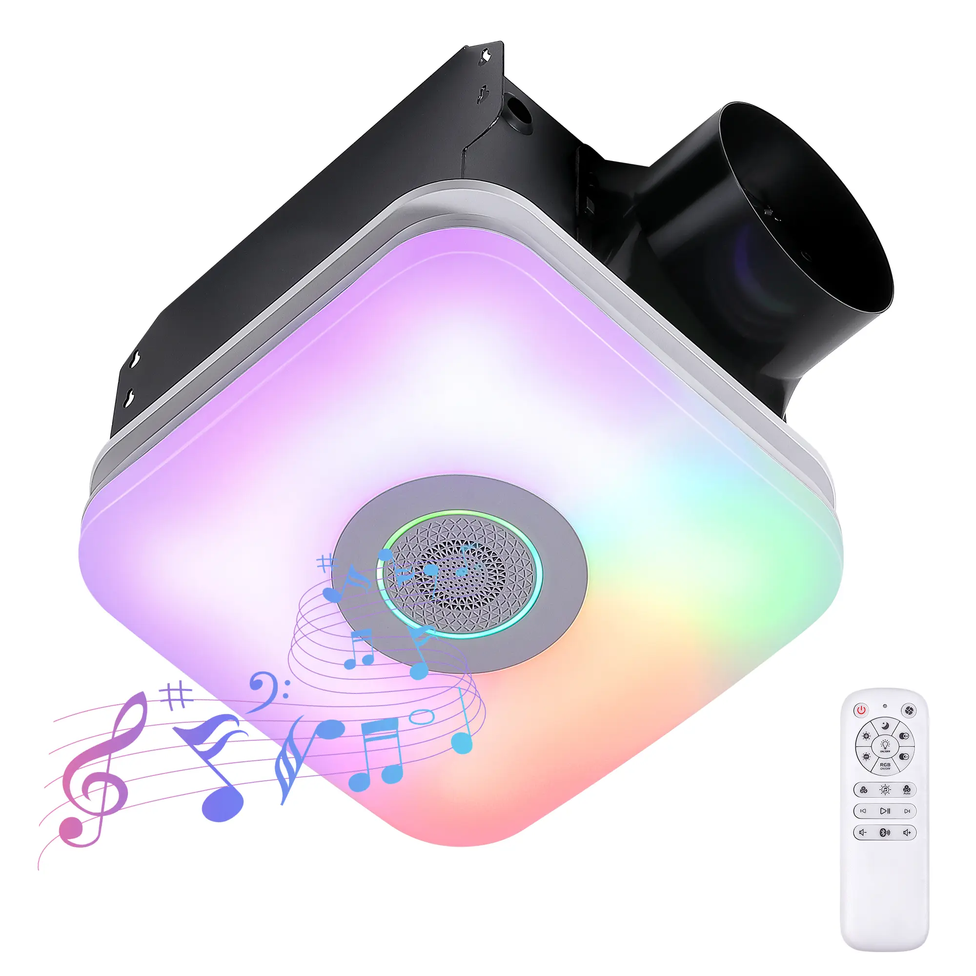 3‑in‑1 RGB Exhaust Fan with LED Light & Bluetooth Speaker, Bathroom Vent Fan Remote/APP Control, 110/160 CFM, 1.0 Sone, Dimmable, Adjustable, Energy-Efficient, High-Speed Airflow Universal Fit