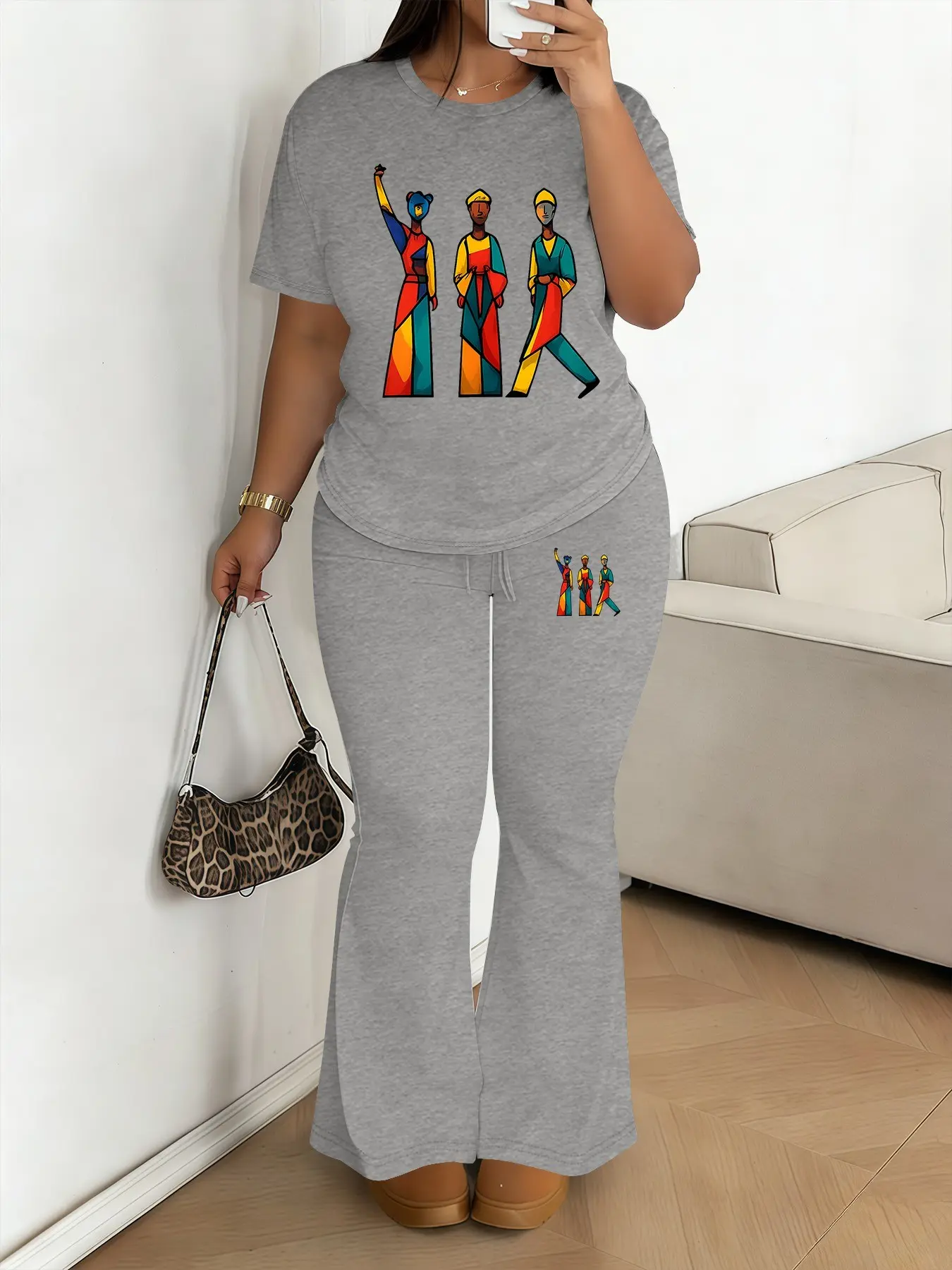 Women's Plus Size Cartoon Print Set, Short Sleeve Top & High Waist Pants, Casual Loose Fit, Spring & Fall Womenswear Fashion Outfit