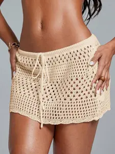 Wavy Hemline Beach Cover-Up Skirt Geometric Perforated Pattern for Summer Vacation White Semi-Sheer Drawstring Hollow Out Short Length 100% Polyester