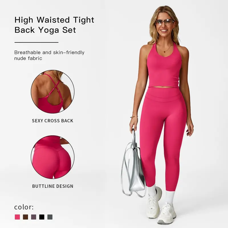MFVIM Women's 2-Piece Match Set - Athleisure Activewear, Sleeveless Padded Bra+Tank Matched Top, High-Waisted Stretch Bottoms, Solid Fitness Clothing for Gym, Yoga