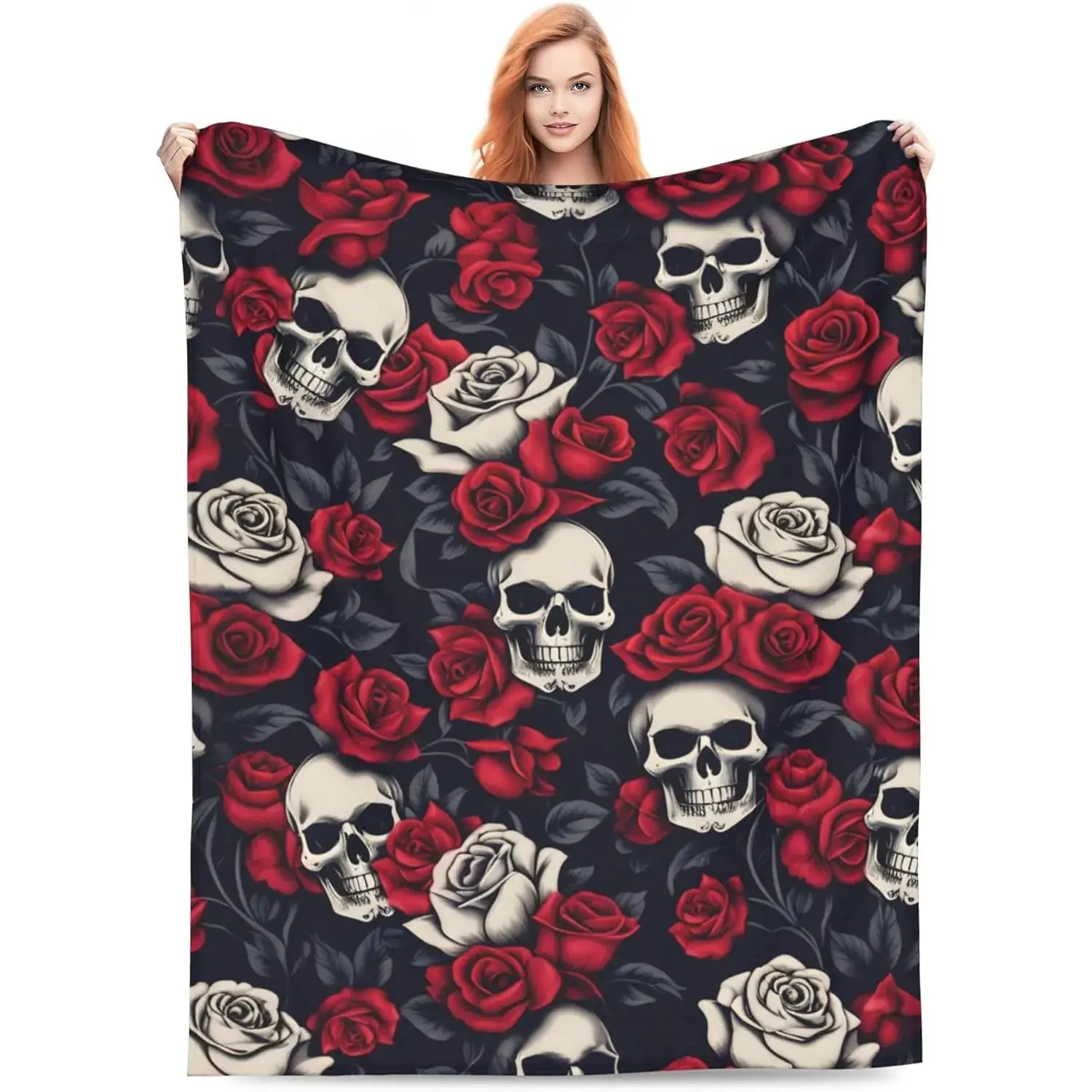 Skull & Red White Rose Print Soft Fleece Throw Blanket, All Season Gothic Floral Pattern Sofa Bed Nap Office Car Travel Camping Blanket, Ultra Fluffy Lightweight Black Blanket for Cozy Home Decor & Gothic Lovers Gift