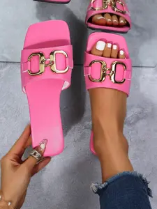 Summer New One-Word Sandals, Outdoor Wear, Metal Buckle, Square Toe, Flat Sole, Beach Shoes, Fashionable, Versatile, Comfortable, Buckle Decorated Sandals