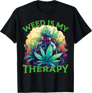 100% Cotton Unisex Weed is my Therapy 420 Retro Cool Cannabis Blunt Smoking T-Shirt