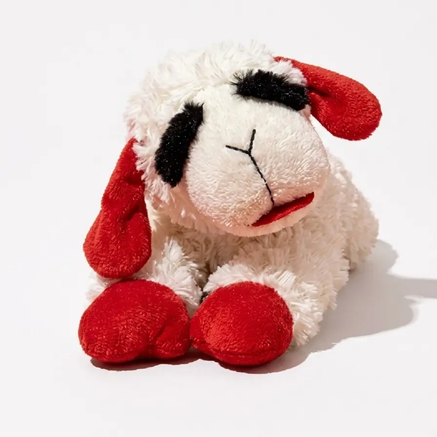 Multipet Lamb Chop Squeaky Plush Dog Toy, Medium 12-in Soft Stuffed Toy for Puppies, Blue Plaid Ears & Paws, Ideal for Chew & Fetch