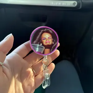 Funny Cringe Doll Face Badge Reel, Nurse ID Holder, Custom Acrylic Accent