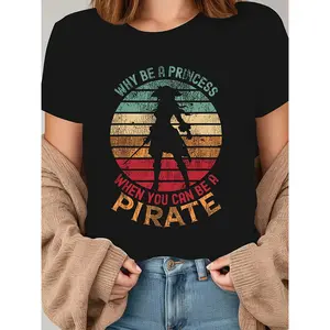 Plus Size - Plus Size - Retro Sunset And Pirate Silhouette Elements. Why Be A Princess When You Can Be A Pirate? Patterned Print Plus-Size Women'S Fashionable Casual Round-Neck Spring And Summer T-Shirt. Lively, Suitable For Outings, Outdoor