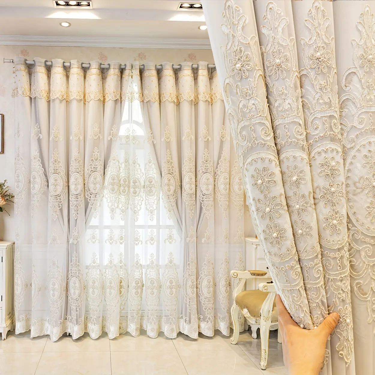 Glam 2-Piece Home Decoration Curtain Set - Light-Blocking Polyester Curtains with Embroidered Vintage Flowers & Artificial Pearls, Integrated Cloth Design, Luxury Bedroom Use for Privacy & Style Enhancement