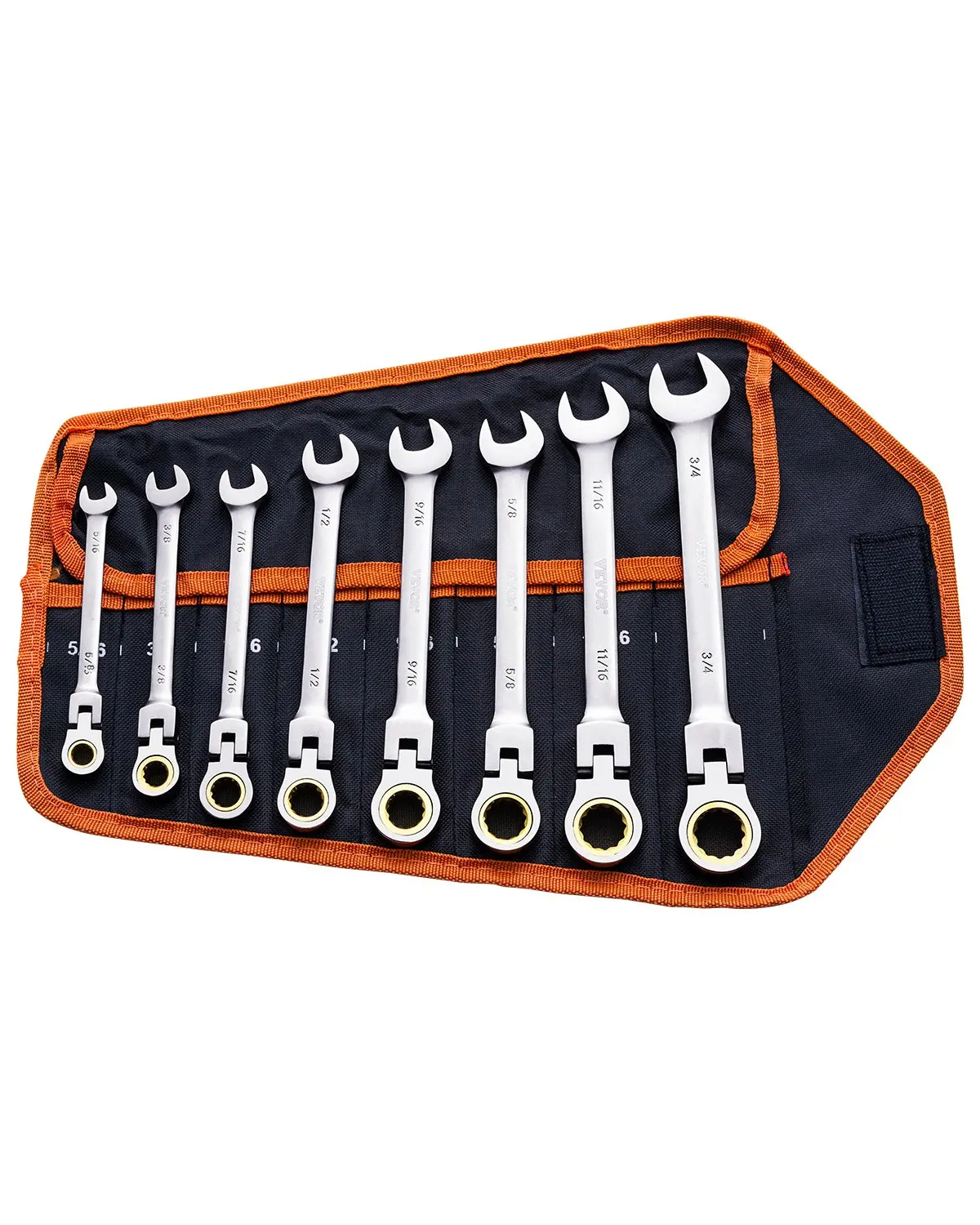VEVOR 8-Piece SAE Flex-Head 72-Tooth Ratchet Combination Wrenches, 5/16-3/4 Inch Erosion-Resistant Coat, Roll-Up Pouch, for DIY Projects & Automotive Maintenance, Father's Day Gift