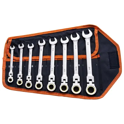 VEVOR 8-Size SAE Flex-Head 72-Tooth Ratchet Combination Wrenches Set, 5/16-3/4 in Erosion-Resistant Coat, 180° Adjustable Head, Roll-Up Pouch Pack, for DIY Projects, Automotive Maintenance, Assembly, Dad's Day Gift
