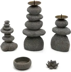 Rock Cairns Candle Holder - Taper Pillar Candle Stick Holder Set of 5 - Balance Stones Candlestick Holders Candlelight Stand for Zen Garden, Altar, Mantle, Yoga, Home Decoration, Meditation Gift Ornaments Unique Desktop Decor