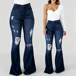 Women's Flared Pants High Waist Hole Slim Classic Flared Pants High Stretch Jeans Denim Comfort Basic Streetwear Minimalist Blue Womenswear Bottom Trouser Fitted Casual Vibe Style