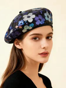 Women's Beret Hat Colorful Sequins Floral Design, Trendy Artistic Style for Shopping Outdoors Dating, Ladies Fashion Accessory
