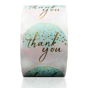 Thank You Stickers - Teal Watercolor Background with Gold Foil Accents- 1.5" Round Waterproof Stickers - 400 Label Per Roll