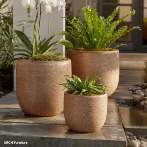 Handcrafted Ceramic Planter Set of 3 (15/12/9 in Diameter) - Earth-Tone Speckled Glaze, Earthy Look, Breathable Clay-Based, for Orchids, Indoor/Outdoor Windowsill Use, Earthy Tone