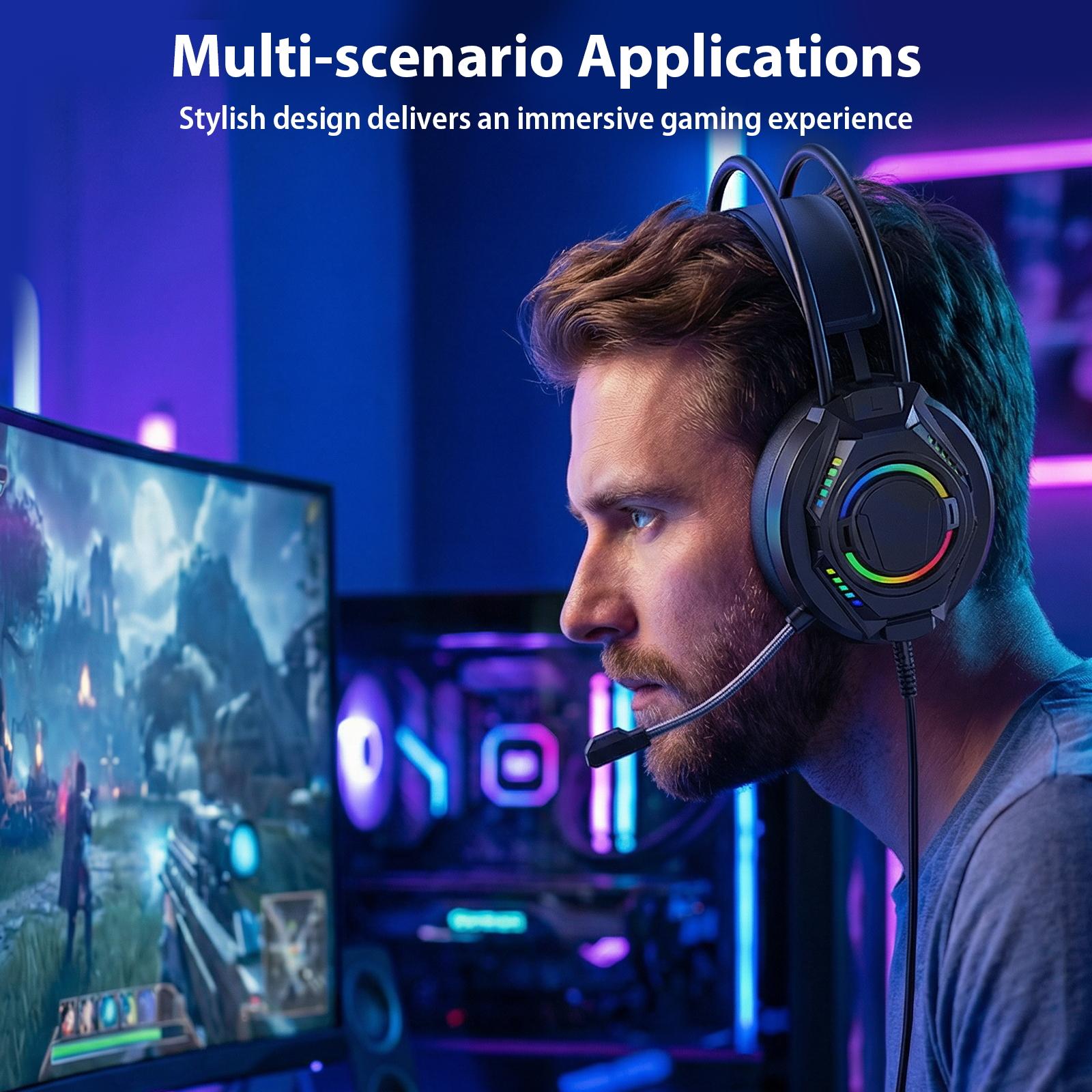 Stereo Surround Gaming Headset for PC, PS4, PS5, Xbox Series X/S Controller, Cell phone Headset with Noise Canceling Mic, LED Light Over Ear Headphones