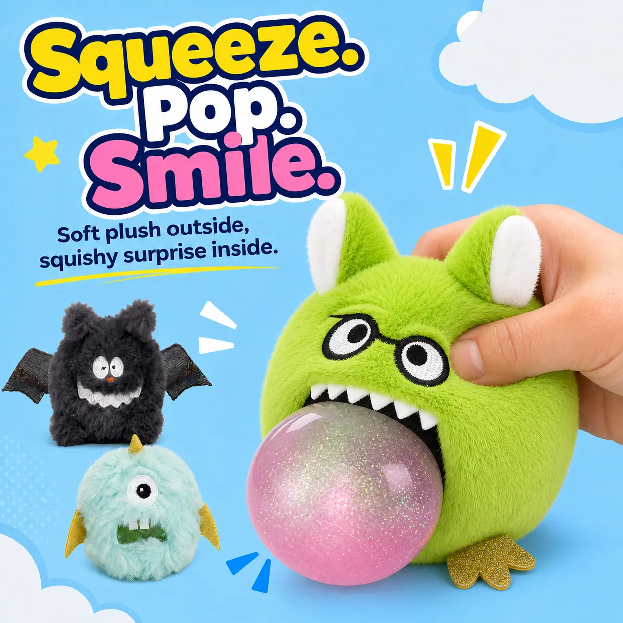 Fuzzy Monster Squeeze Toy for Kids, Soft Plush Fidget Toy with Squishy Pop-Out Center, Sensory Stress Relief Toy,Party Favor, Classroom Prize & Small Gift
