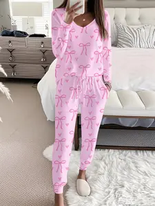Women's Bow Print Casual Set, Long Sleeve V Neck Top & Belted Pants, Two-Piece Homewear Sleepwear, Fitted Cartoon Style, Pajama Set