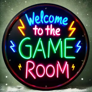 1pc Neon-like Glow Game Room Sign - Welcome to The Game Room Metal Wall Decor - Heavy-Duty Iron Construction - No Wiring Needed - Arcade-Themed Decoration for Man Cave, Living Room, Gaming Room - Easy Mounting with Pre-Drilled Holes - Perfect Gamer Gift