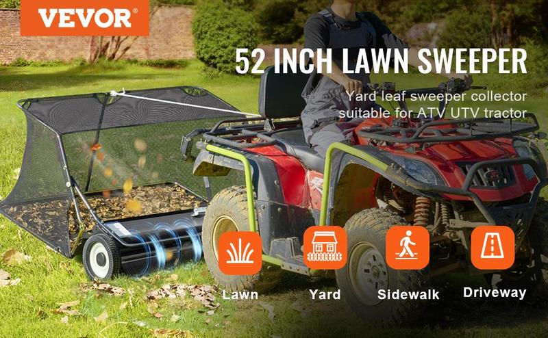 VEVOR 52-inch Lawn Sweeper Tow Behind, TikTokShopBlackFriday, 26 cu.ft. Large Pull Behind Grass Sweeper, Heavy Duty Leaf & Grass Collector with Dumping Rope Design, Adjustable Sweeping Height for Picking Up Debris & Grass