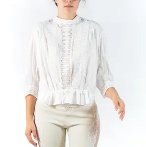 Edwardian White Organic Cotton Eyelet Lace Button Back Blouse