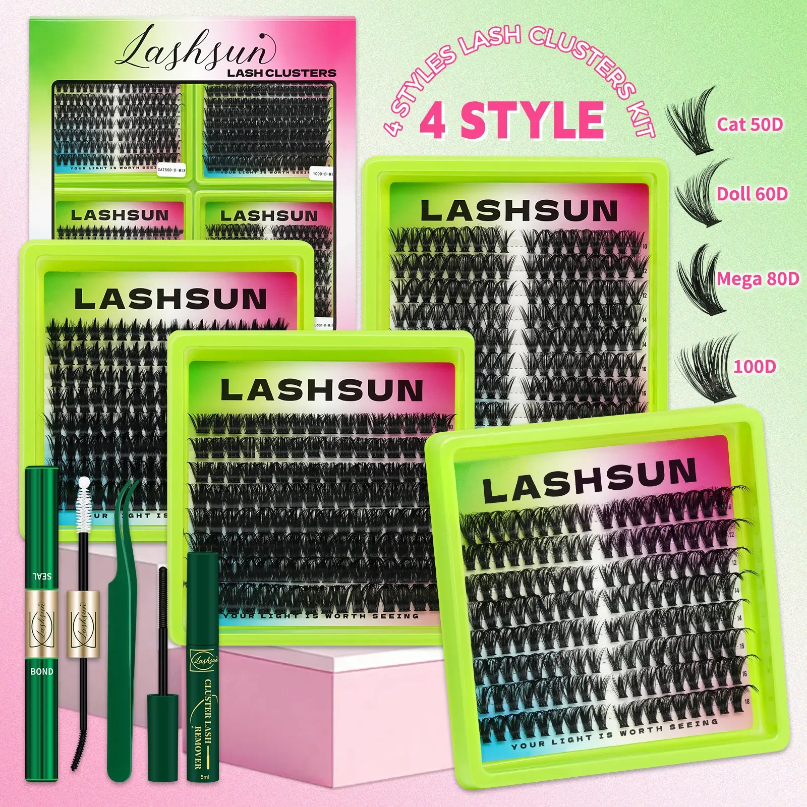 4 Styles Cat/Doll/Volume Lash Clusters Kit, Doll Eyelashes, WaterProof Lashes Eyelash Clusters Extensions with Bond&Seal Remover Tweezers for Beginners and Pros, DIY at Home, Soft Comfortable Easy Apply Natural Look for Daily Makeup