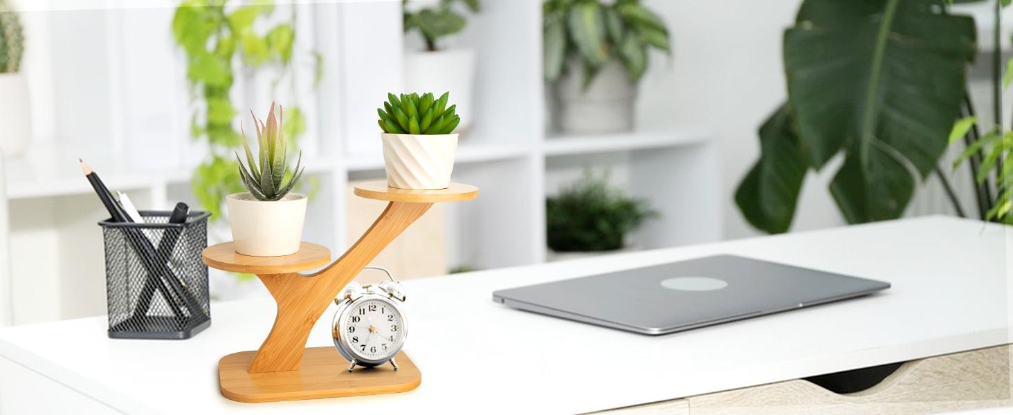 3-Tier Bamboo Succulent Planter Set - Aesthetic Desk Plant Stand Gift with 3 Ceramic Pots