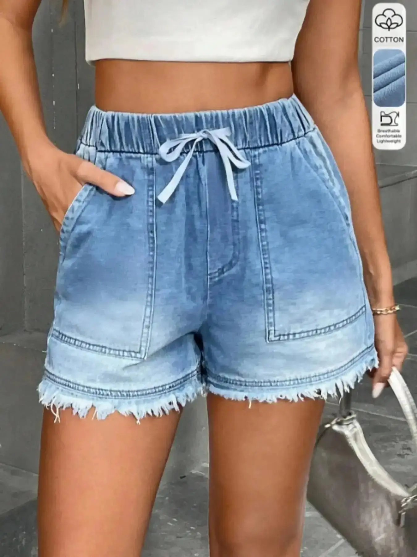 Women's Fashion Comfortable Versatile Trendy Fitted Waist Drawstring Denim Shorts, Perfect for Parties Dates Commuting Casual Daily Wear