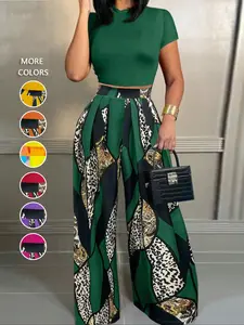 Women's Solid Mock Neck Crop Tee & Leopard Print Plicated Pants Two-Piece Set for Daily Outdoor Wear, Ladies Clothes for All Seasons