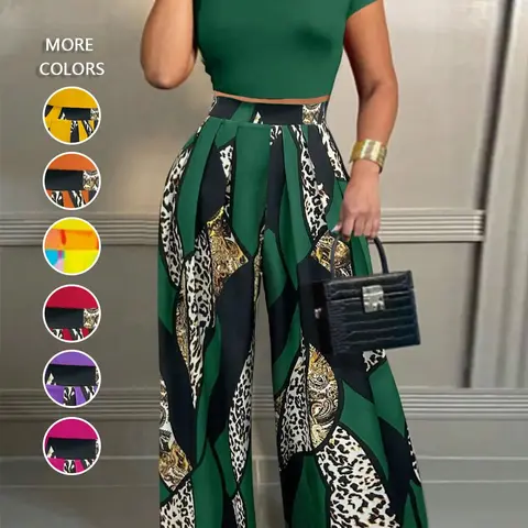 Women's Solid Mock Neck Cropped Top Set & Leopard Print Plicated Elastic Printed Pants Set Two-Piece Outfits for Daily Outdoor Casual Wear, Ladies Clothes, Casual Fashion Set, Womenswear for All Seasons