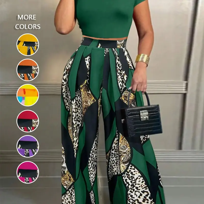 Women's Solid Mock Neck Cropped Top Set & Leopard Print Plicated Elastic Printed Pants Set Two-Piece Outfits for Daily Outdoor Casual Wear, Ladies Clothes, Casual Fashion Set, Womenswear for All Seasons