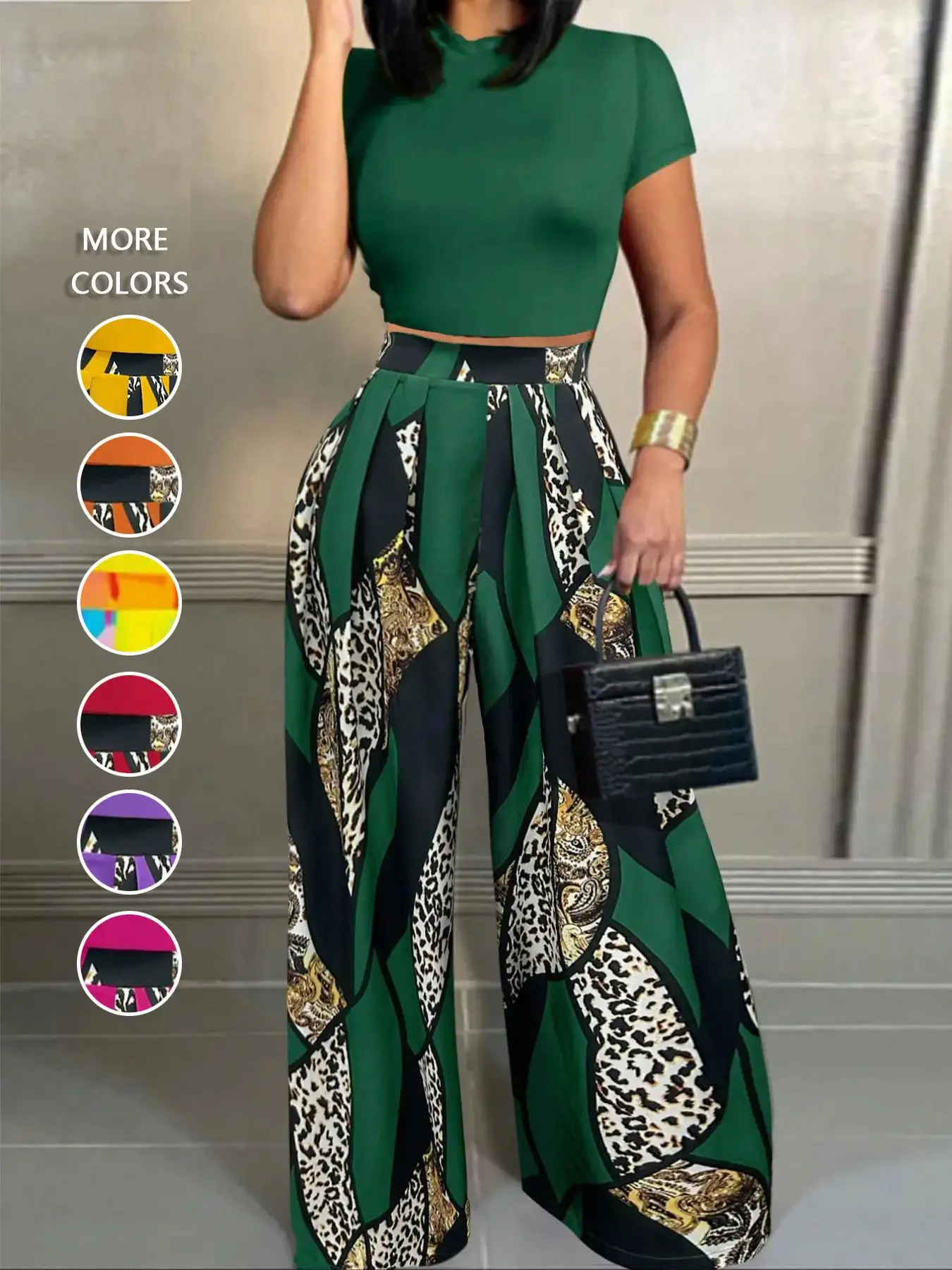 Women's Solid Mock Neck Crop Tee & Leopard Print Plicated Pants Two-Piece Set for Daily Outdoor Wear, Ladies Clothes for All Seasons