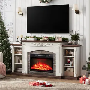 Electric Fireplace with Mantel, Fireplace TV Stand for TVs Up to 80",Modern Entertainment Center with Realistic Stacked Stone Surround,Wooden Carved Decorative Mantel, Ideal for Living Room