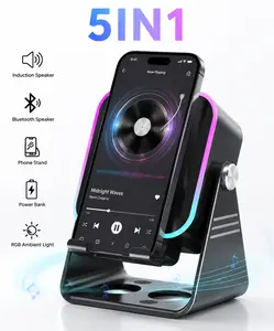 5-in-1 Wireless Bluetooth Induction Speaker, Adjustable Cell Phone Stand with RGB Color Lights & 3500mAh Large Capacity Battery, Wired Microphone Included, Portable Desktop Speaker Amplifier Compatible with iPhone Android Tablets - Black   smartphone