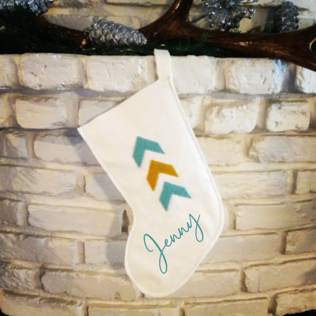 White Wool Felt Christmas Stocking with Blue and Gold Chevron Pattern