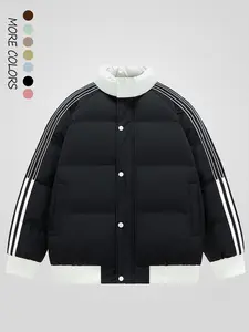 Men's Patchwork Button Front Zip Up Puffer Jacket, Regular Fit Casual Long Sleeve Stand Collar Outerwear for Winter, Men's Clothes for Daily Wear