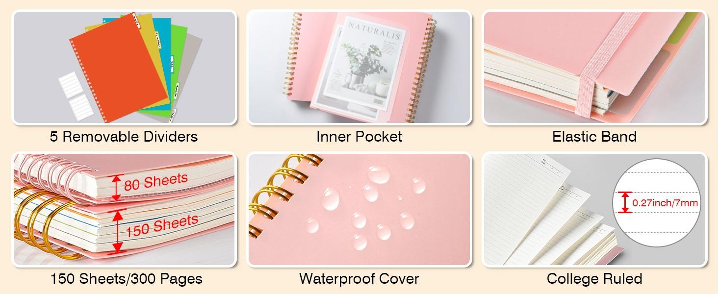 piral Notebook 8.5" x 11", A4 5 Subject College Ruled Notebook, 300 Pages 100GSM Thick Lined Journal for Office Supplies Desk Accessories, Work School Junk Journals for Women & Men with Removable Dividers OMEYA
