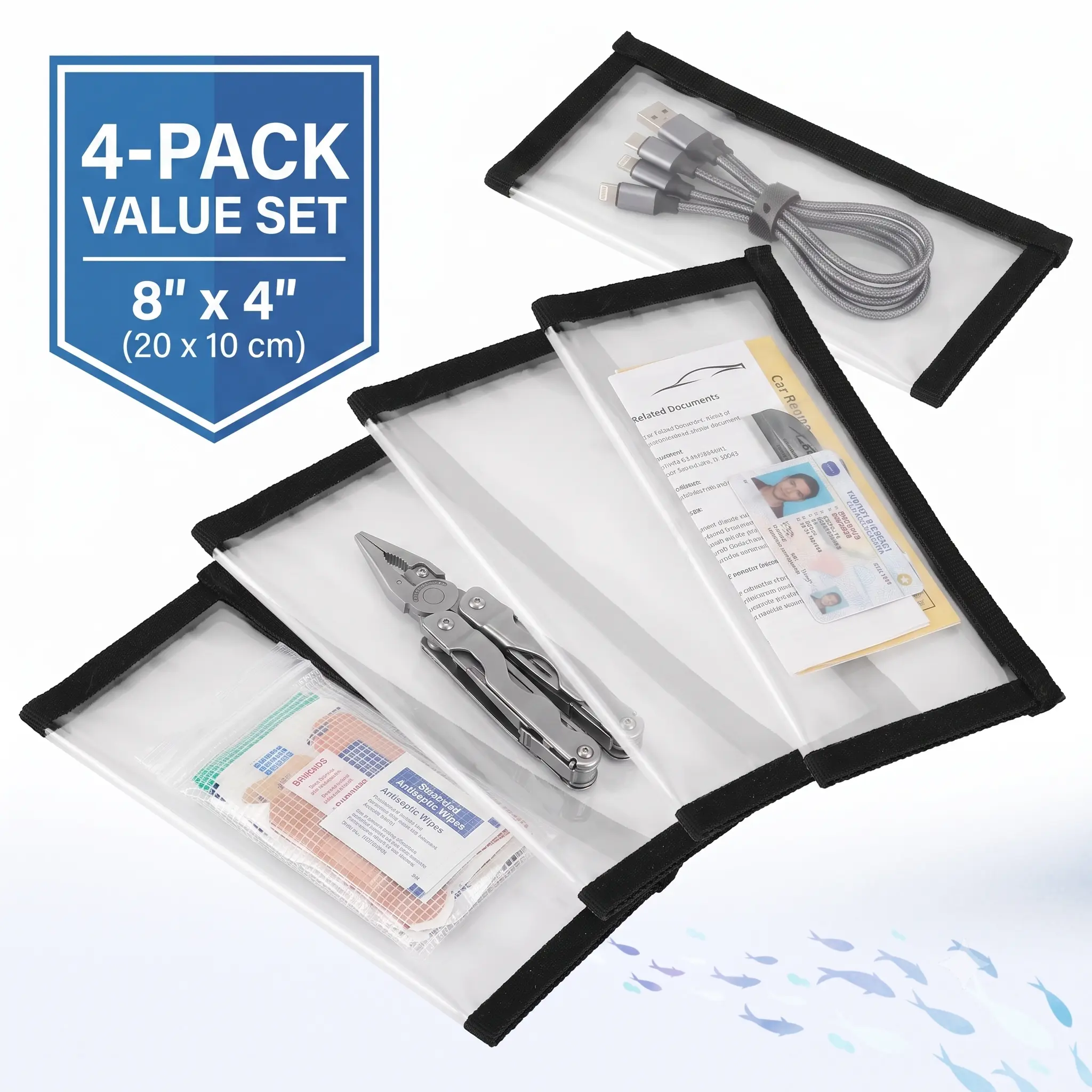 4-Pack 8"x4" Clear Modular Storage Sleeves, 2-in-1 Expandable PVC Pouches with Hook & Loop, Heavy-Duty Puncture-Resistant Car Glove Box, EDC Tool, Cable & Document Organizer