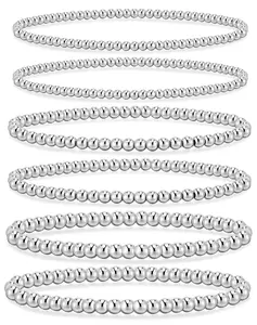 Silver Bracelets for Women Waterproof, Silver Plated Beaded Strand Bead Ball Bracelets Stack Adjustable Jewelry Set for Gifts