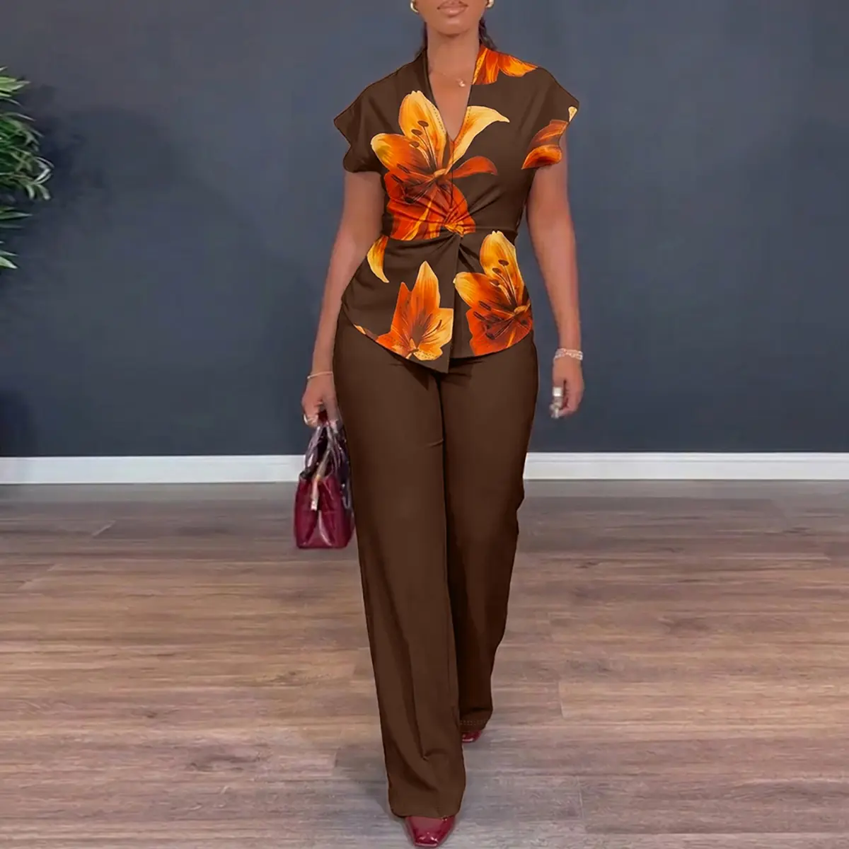 CHICME Women's Two Piece Outfit Vintage Floral Twist Front Top and Straight Leg Pants Set
