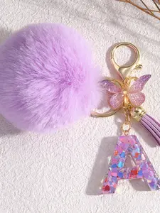 Women's Fuzzy Butterfly Keychain, Keychain For Bags, A-Z Initial Charm Pendant, Crystal Heart Letter Bag Gift, Sexy Style, No Warning