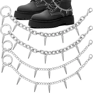 4 PCS Silver Punk Style Shoe Chain Rivet Cone Spiked Charm Chains Shoelaces Boot Strap DIY Accessories with O Ring Lobster Clasps for Women Men Sandals Sneakers Shoes Boots Decorations