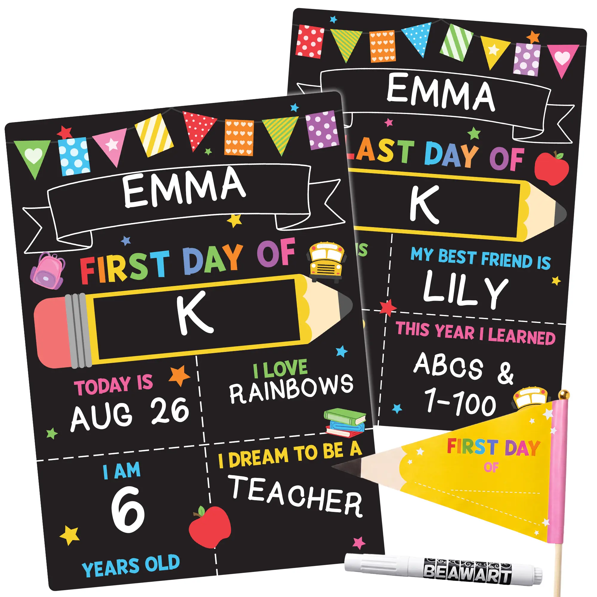 First Day Of School Sign Board, 10x14 Double-Sided First & Last Day School Sign, Reusable Back to School Photo Prop Set For Preschool Kindergarten Kids, Pencil Flag & Chalk Marker Included